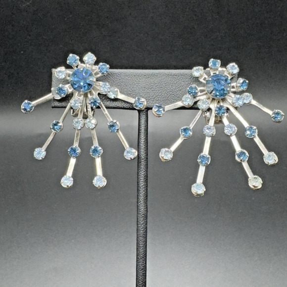 Vintage Rhinestone Earrings Blue Starburst Statement Clip On - Picture 1 of 4